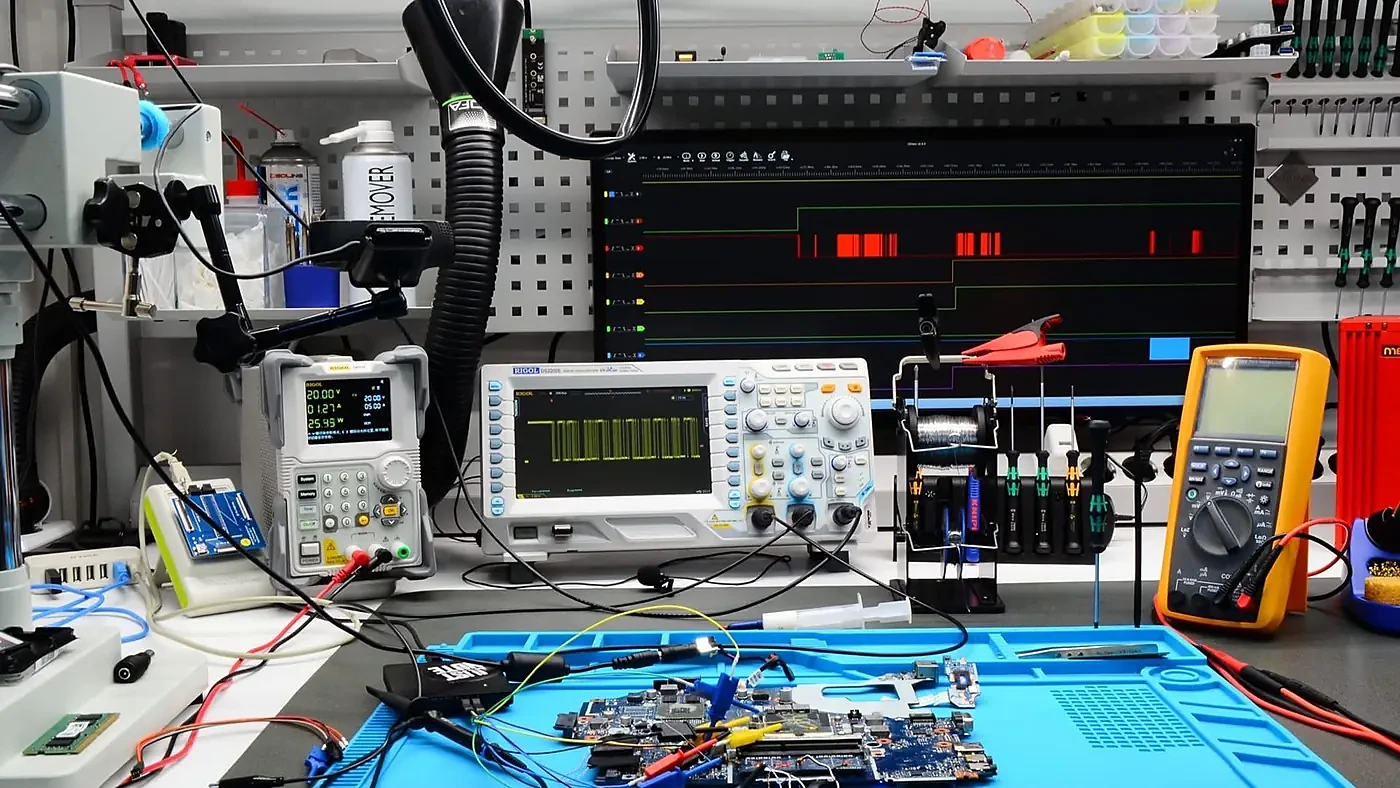 Laptop-Mainboard am Messplatz von NotebookLab – Chip-Level-Reparatur unter dem Mikroskop