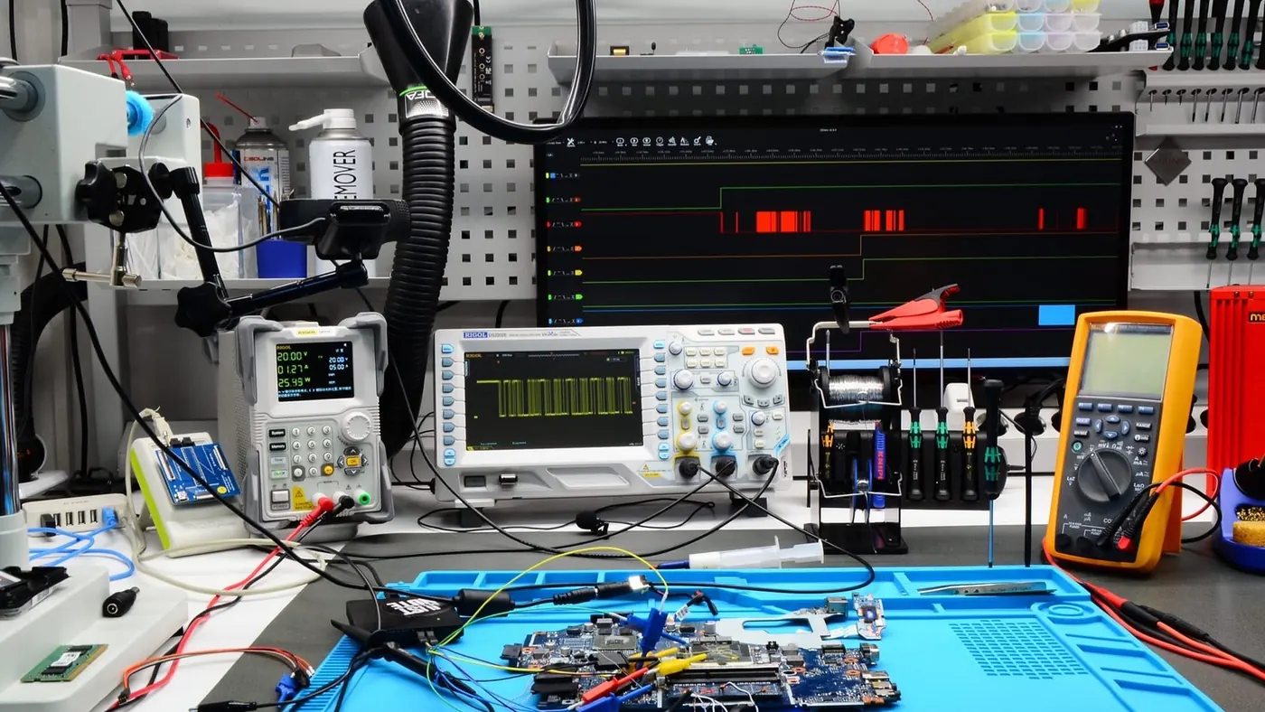 Messplatz mit Oszilloskop, Labornetzteil und Logikanalysator für die Laptop-Mainboard-Diagnose