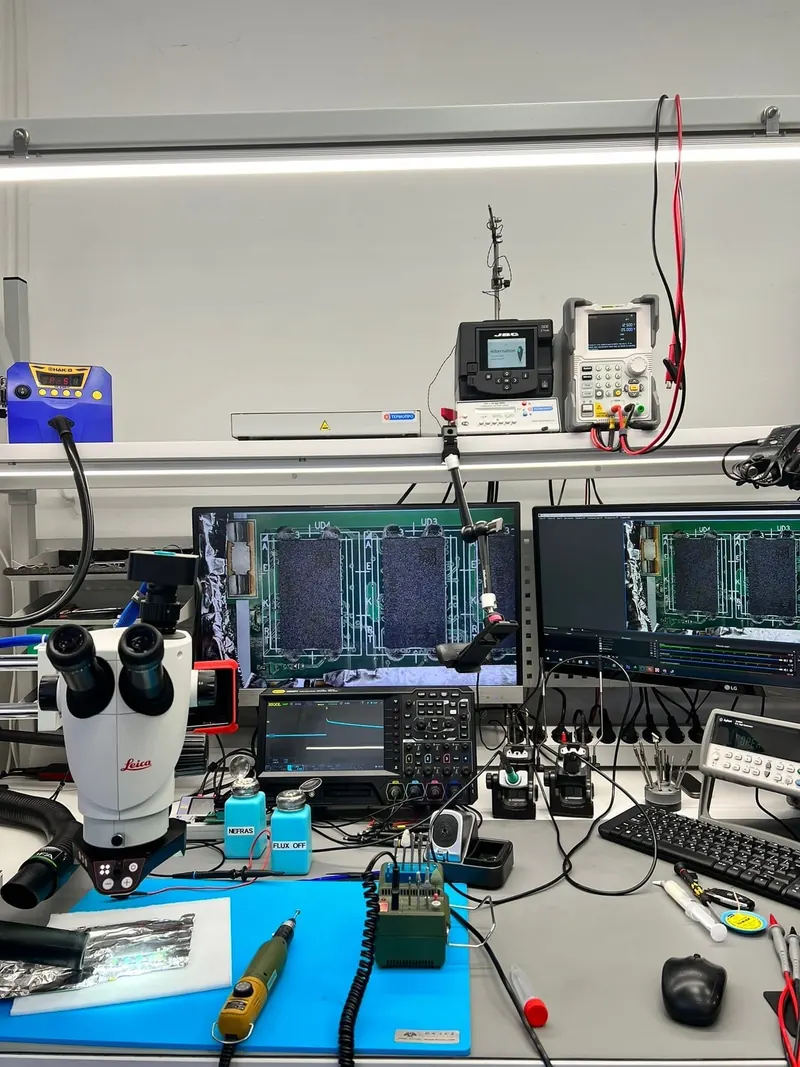 Werkbank mit Leica-Mikroskop und Mainboard-Analyse am Monitor – NotebookLab Werkstatt